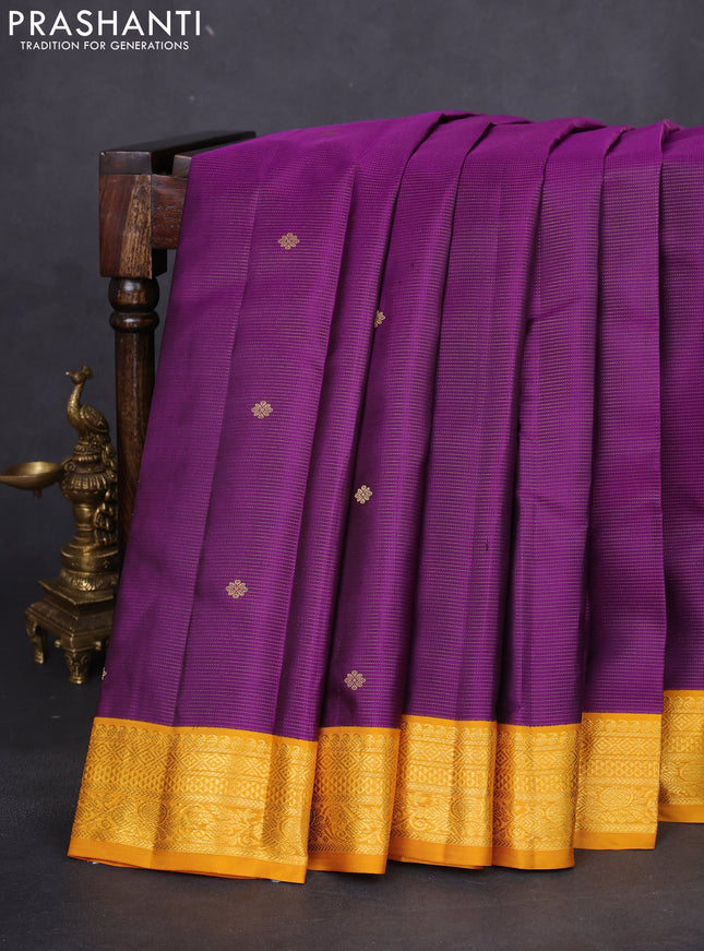 Pure kanchipuram silk saree purple and mustard yellow with allover vairosi pattern & zari buttas and zari woven korvai border