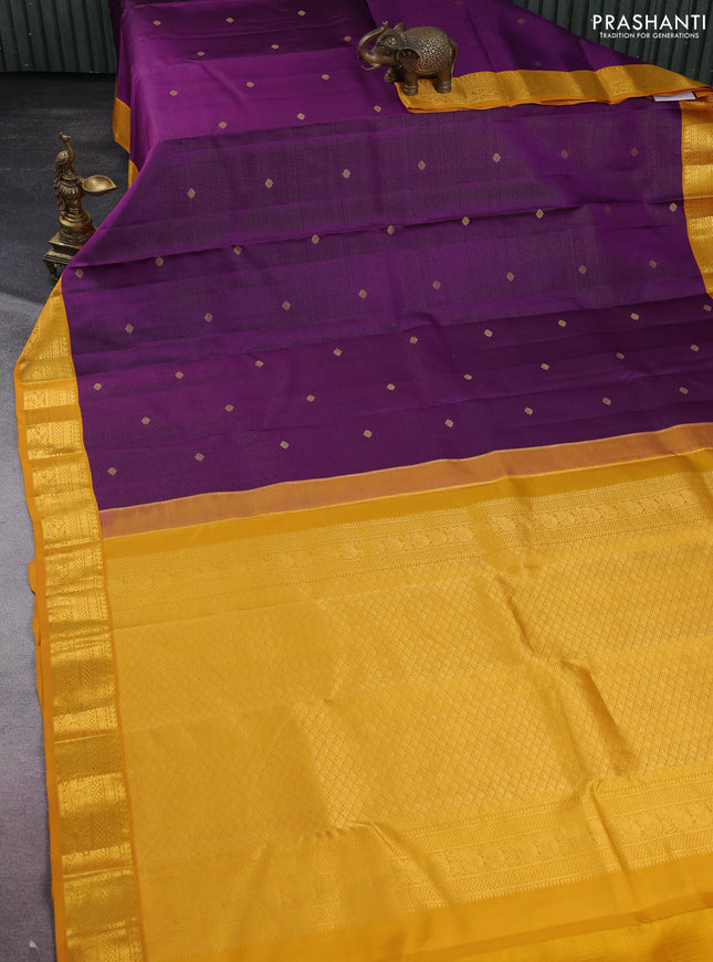 Pure kanchipuram silk saree purple and mustard yellow with allover vairosi pattern & zari buttas and zari woven korvai border