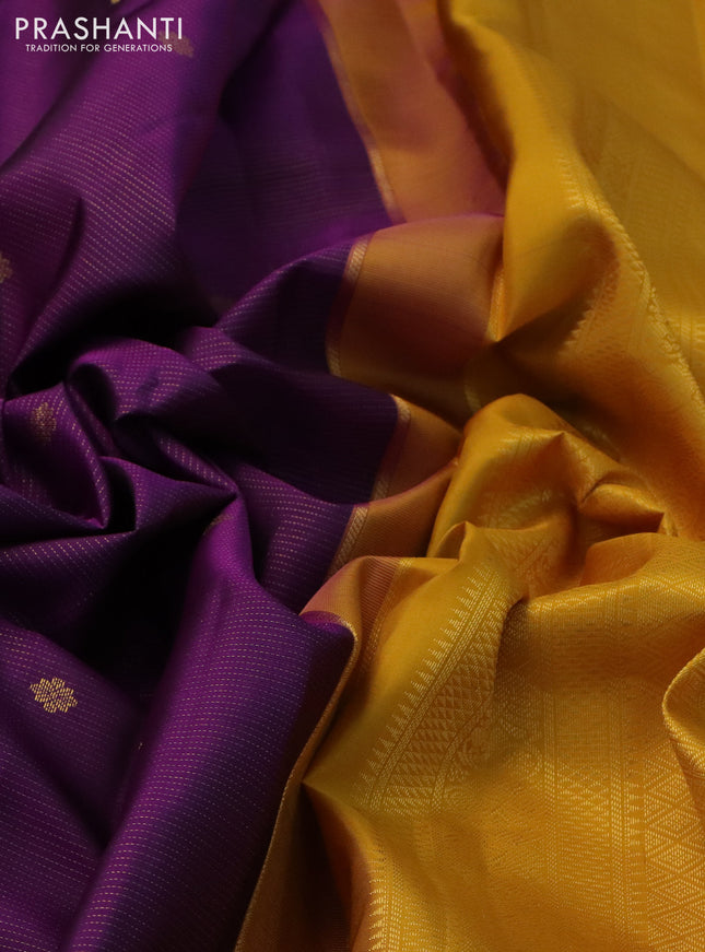 Pure kanchipuram silk saree purple and mustard yellow with allover vairosi pattern & zari buttas and zari woven korvai border