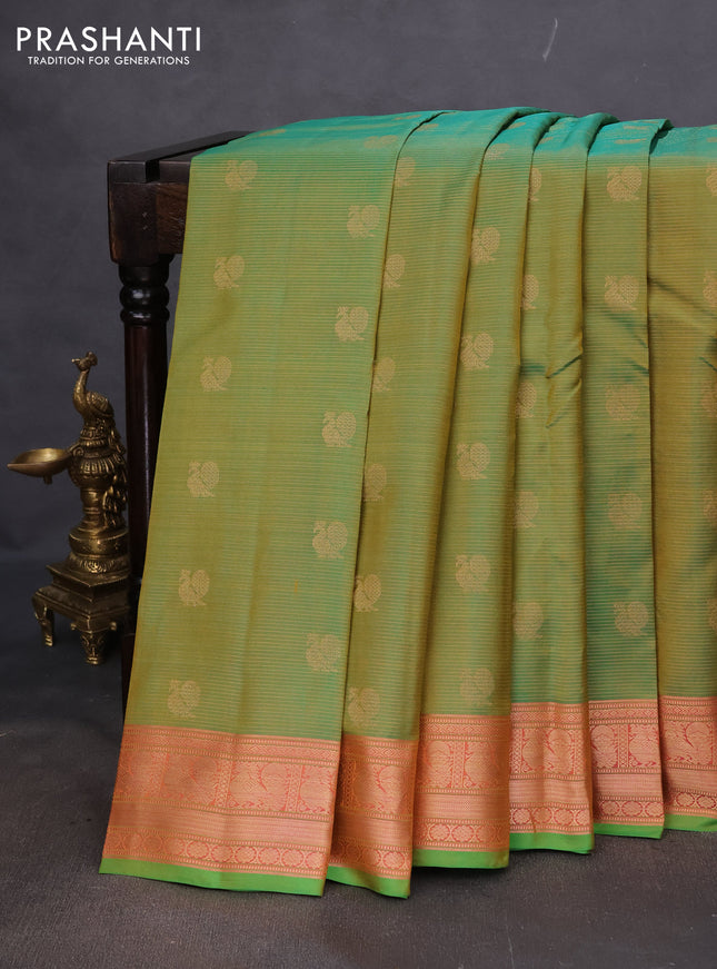 Pure kanchipuram silk saree dual shade of green and pink with allover vairosi pattern & annam zari buttas and annam zari woven border