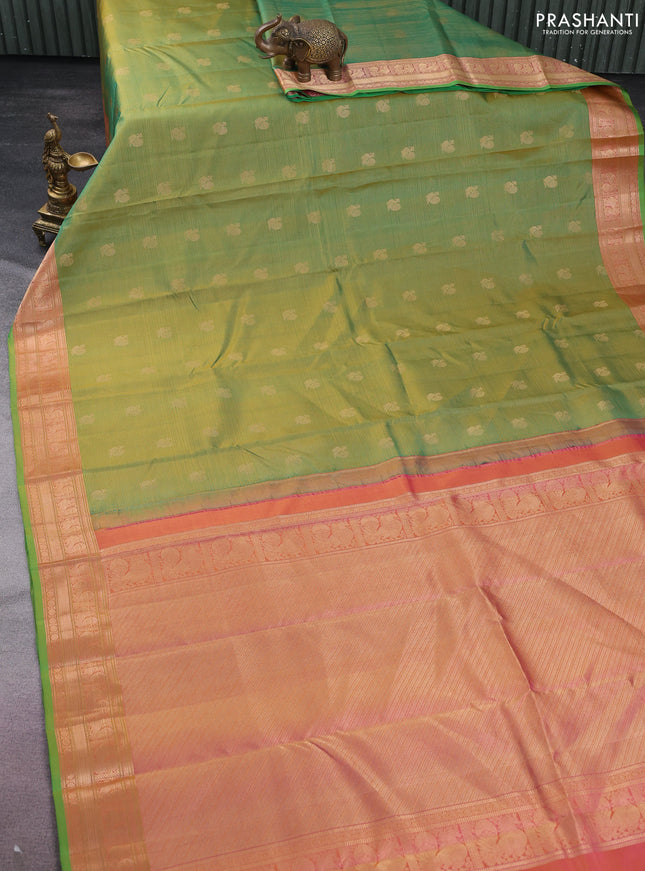 Pure kanchipuram silk saree dual shade of green and pink with allover vairosi pattern & annam zari buttas and annam zari woven border