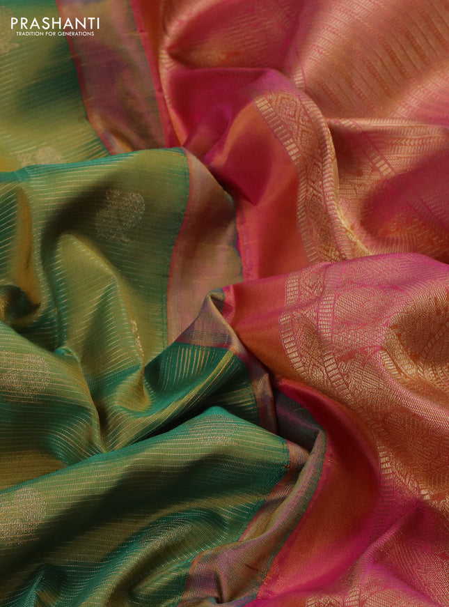 Pure kanchipuram silk saree dual shade of green and pink with allover vairosi pattern & annam zari buttas and annam zari woven border