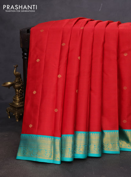 Pure kanchipuram silk saree red and teal green with allover vairosi pattern & annam zari buttas and zari woven korvai border