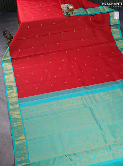 Pure kanchipuram silk saree red and teal green with allover vairosi pattern & annam zari buttas and zari woven korvai border