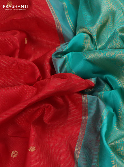 Pure kanchipuram silk saree red and teal green with allover vairosi pattern & annam zari buttas and zari woven korvai border