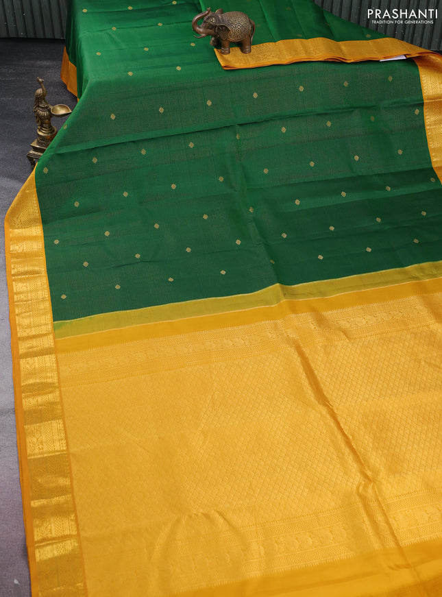 Pure kanchipuram silk saree green and mustard yellow with allover vairosi pattern & annam zari buttas and zari woven korvai border