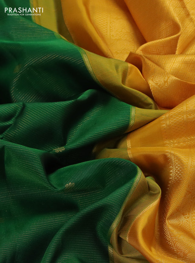 Pure kanchipuram silk saree green and mustard yellow with allover vairosi pattern & annam zari buttas and zari woven korvai border