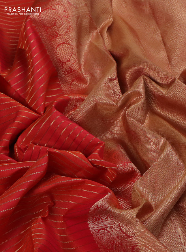 Pure kanchipuram silk saree dual shade of orange and dual shade of sandal with allover zari stripe pattern and rich zari woven border
