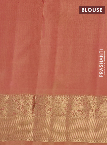 Pure kanchipuram silk saree dual shade of orange and dual shade of sandal with allover zari stripe pattern and rich zari woven border