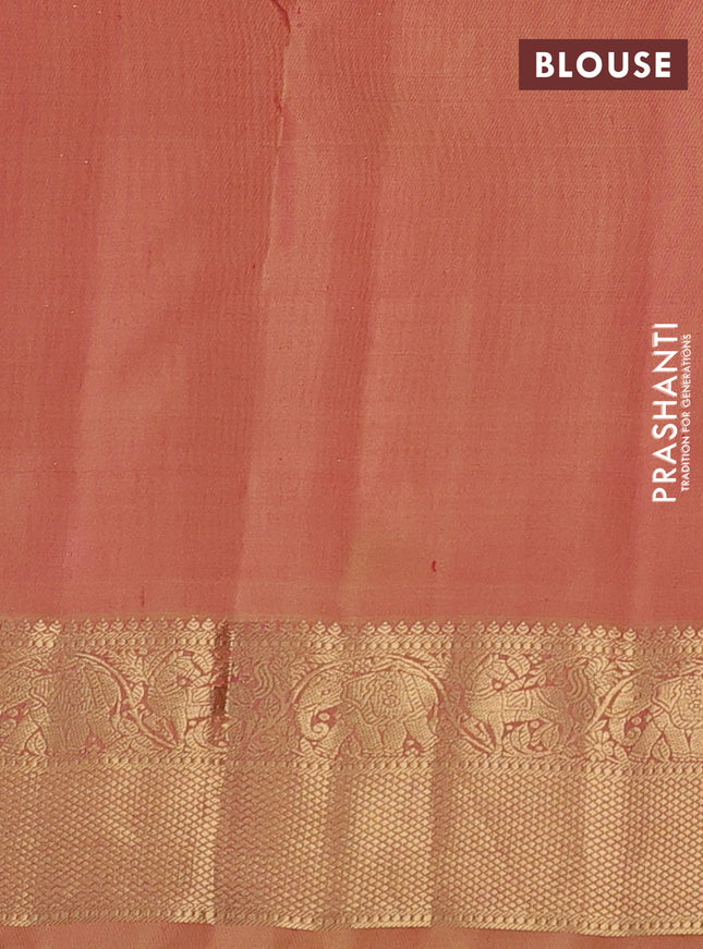 Pure kanchipuram silk saree dual shade of orange and dual shade of sandal with allover zari stripe pattern and rich zari woven border