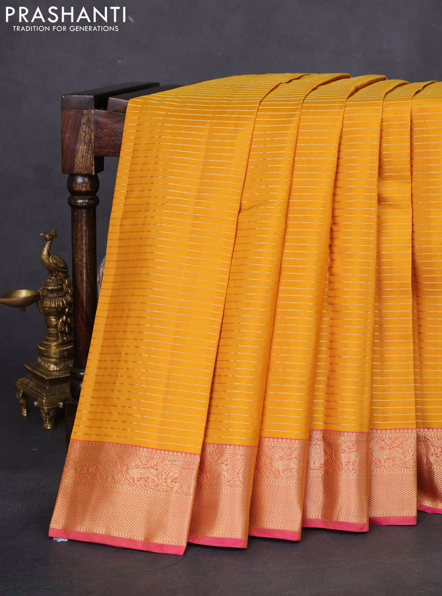 Pure kanchipuram silk saree mustard yellow and pink with allover zari stripe weaves and rich zari woven border
