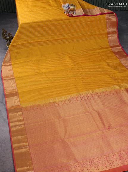 Pure kanchipuram silk saree mustard yellow and pink with allover zari stripe weaves and rich zari woven border