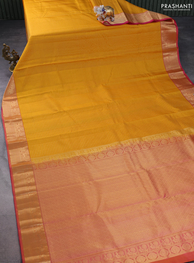 Pure kanchipuram silk saree mustard yellow and pink with allover zari stripe weaves and rich zari woven border