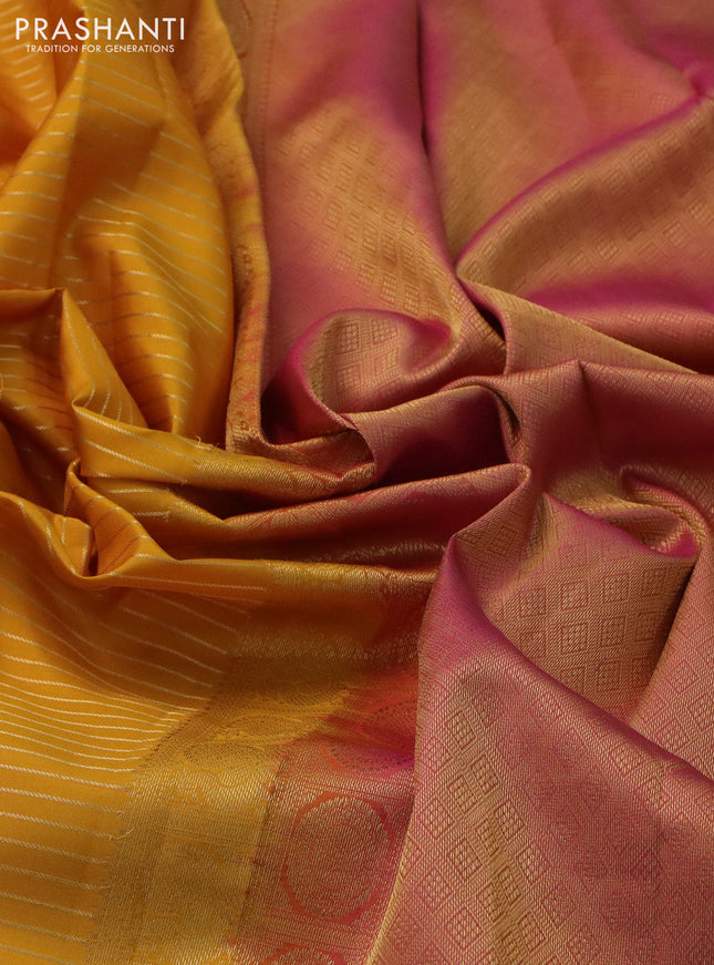 Pure kanchipuram silk saree mustard yellow and pink with allover zari stripe weaves and rich zari woven border