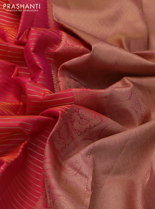 Pure kanchipuram silk saree dual shade of pinkish orange and sandal with allover zari stripe weaves and rich zari woven border