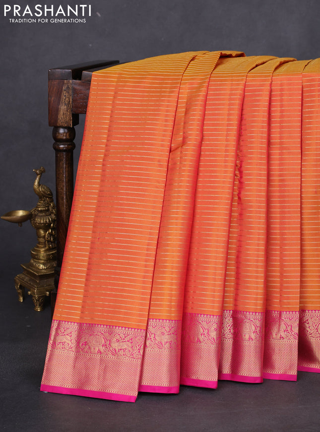 Pure kanchipuram silk saree dual shade of mustard yellow and pink with allover zari stripe weaves and rich zari woven border