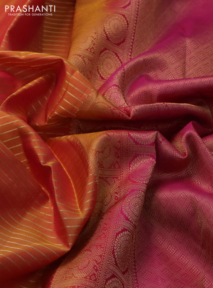 Pure kanchipuram silk saree dual shade of mustard yellow and pink with allover zari stripe weaves and rich zari woven border