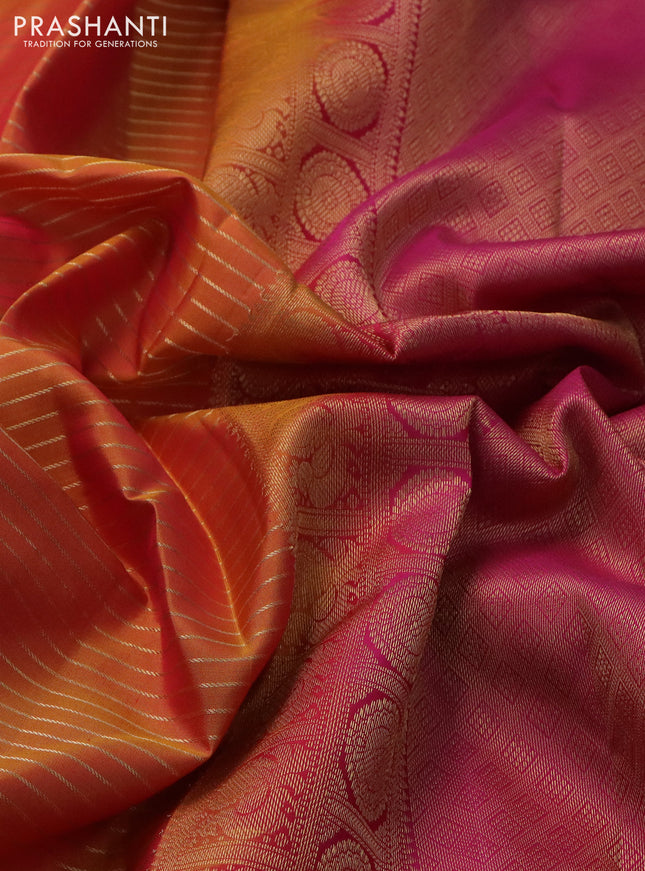 Pure kanchipuram silk saree dual shade of mustard yellow and pink with allover zari stripe weaves and rich zari woven border