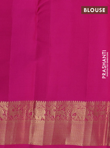 Pure kanchipuram silk saree dual shade of mustard yellow and pink with allover zari stripe weaves and rich zari woven border