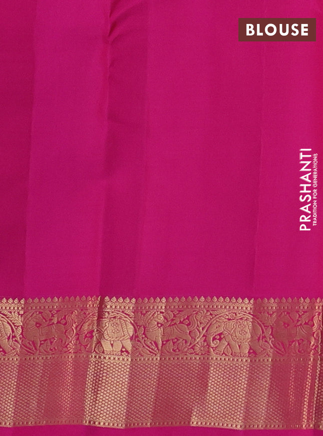 Pure kanchipuram silk saree dual shade of mustard yellow and pink with allover zari stripe weaves and rich zari woven border