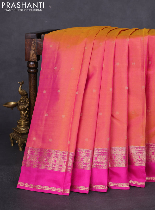 Pure kanchipuram silk saree dual shade of pinkish orange and pink with allover zari woven buttas and ganga jamun border