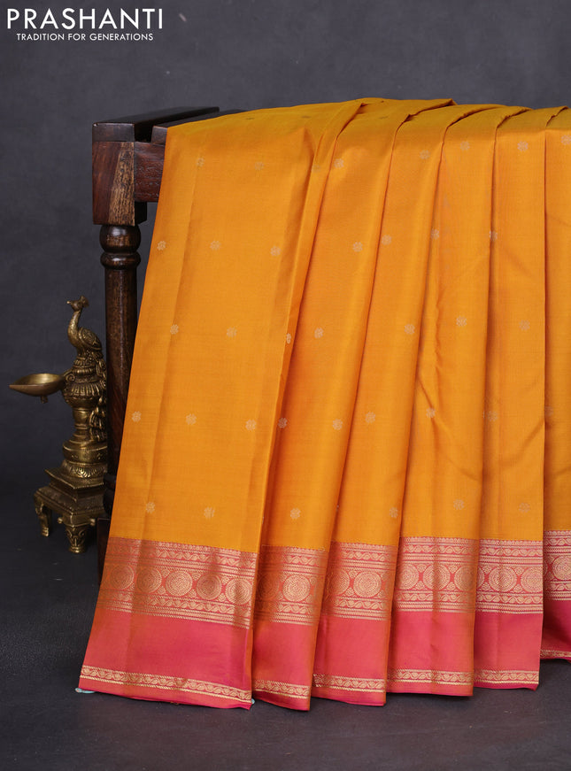 Pure kanchipuram silk saree mustard yellow with allover zari woven buttas and ganga jamun border
