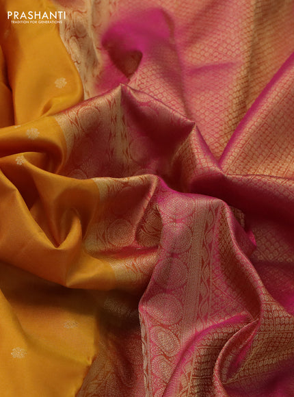 Pure kanchipuram silk saree mustard yellow with allover zari woven buttas and ganga jamun border