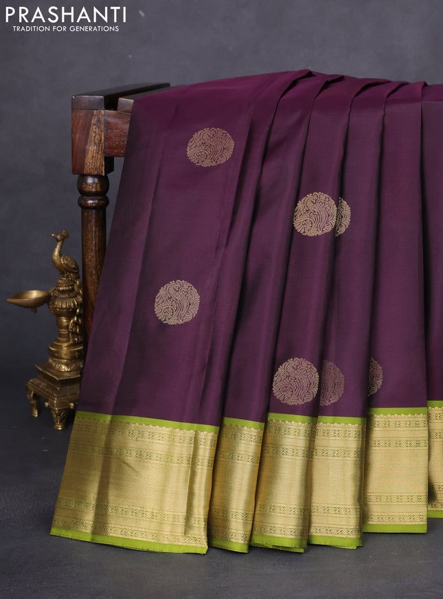 Pure kanchipuram silk saree jamun shade and light green with zari woven buttas and rich zari woven border