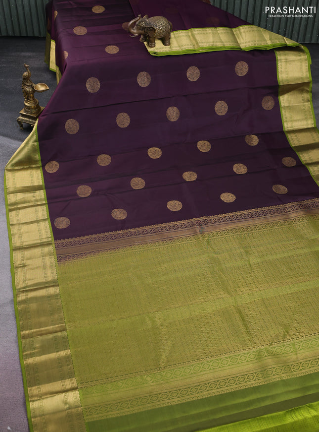 Pure kanchipuram silk saree jamun shade and light green with zari woven buttas and rich zari woven border