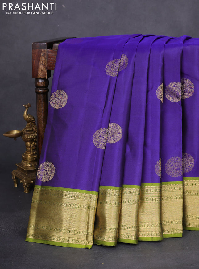 Pure kanchipuram silk saree blue and light green with zari woven buttas and rich zari woven border