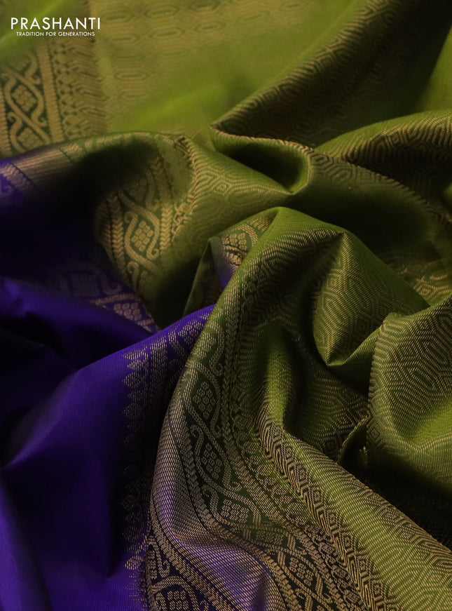 Pure kanchipuram silk saree blue and light green with zari woven buttas and rich zari woven border