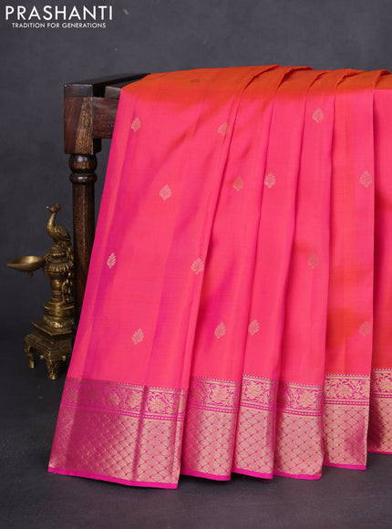 Pure kanchipuram silk saree dual shade of pinkish orange and pink with zari woven buttas and rich zari woven border