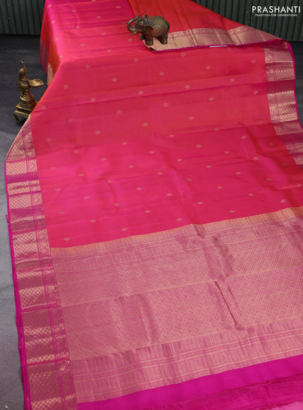 Pure kanchipuram silk saree dual shade of pinkish orange and pink with zari woven buttas and rich zari woven border