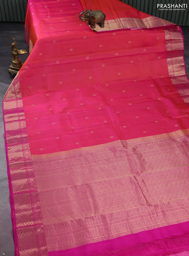 Pure kanchipuram silk saree dual shade of pinkish orange and pink with zari woven buttas and rich zari woven border