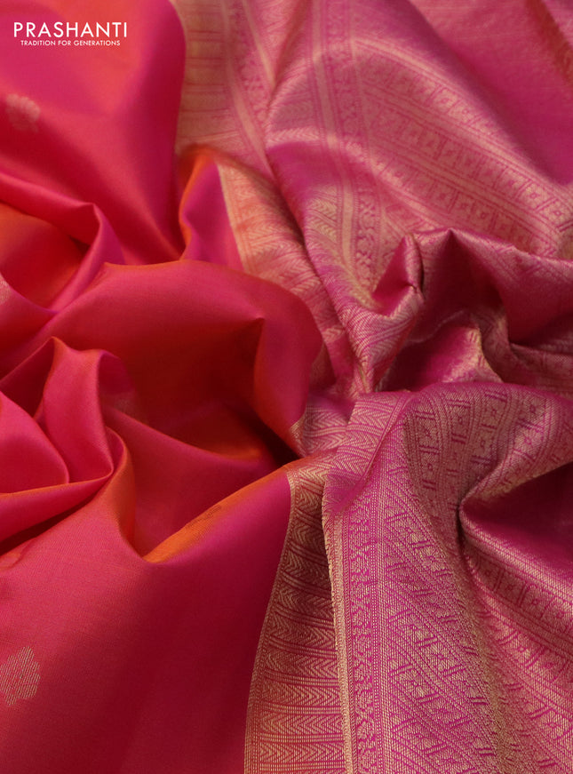 Pure kanchipuram silk saree dual shade of pinkish orange and pink with zari woven buttas and rich zari woven border