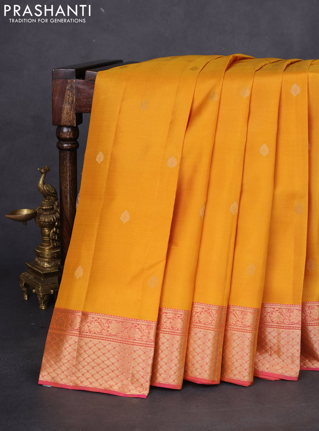 Pure kanchipuram silk saree mustard yellow and dual shade of pink with zari woven buttas and rich zari woven border