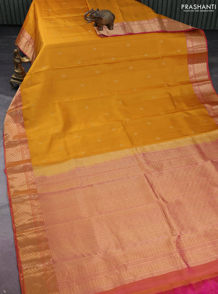 Pure kanchipuram silk saree mustard yellow and dual shade of pink with zari woven buttas and rich zari woven border
