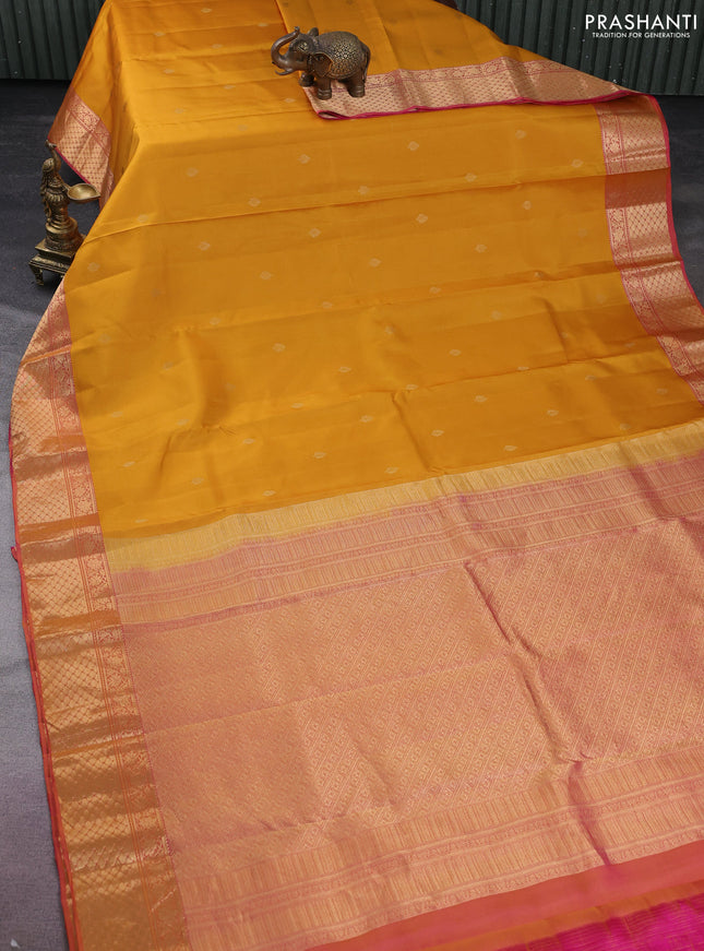 Pure kanchipuram silk saree mustard yellow and dual shade of pink with zari woven buttas and rich zari woven border