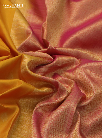 Pure kanchipuram silk saree mustard yellow and dual shade of pink with zari woven buttas and rich zari woven border