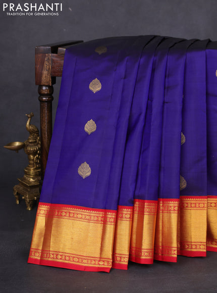 Pure kanchipuram silk saree blue and red with zari woven buttas and rich zari woven korvai border