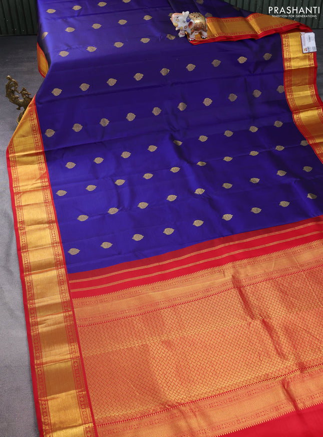 Pure kanchipuram silk saree blue and red with zari woven buttas and rich zari woven korvai border