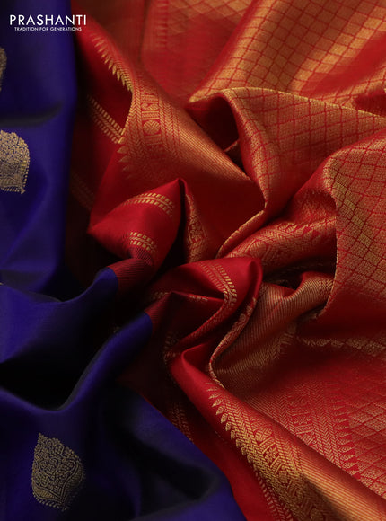 Pure kanchipuram silk saree blue and red with zari woven buttas and rich zari woven korvai border