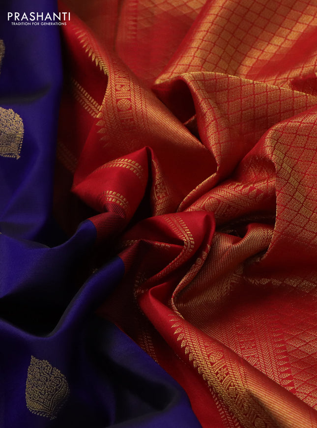 Pure kanchipuram silk saree blue and red with zari woven buttas and rich zari woven korvai border