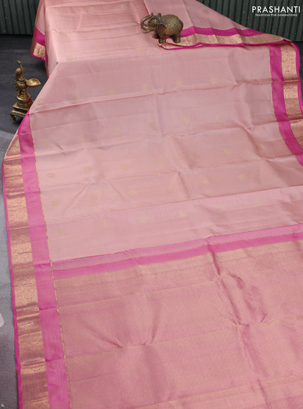 Pure kanchipuram silk saree pastel peach shade and pink with zari woven buttas and rettapet zari woven border