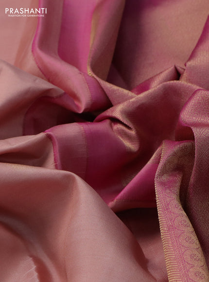 Pure kanchipuram silk saree pastel peach shade and pink with zari woven buttas and rettapet zari woven border