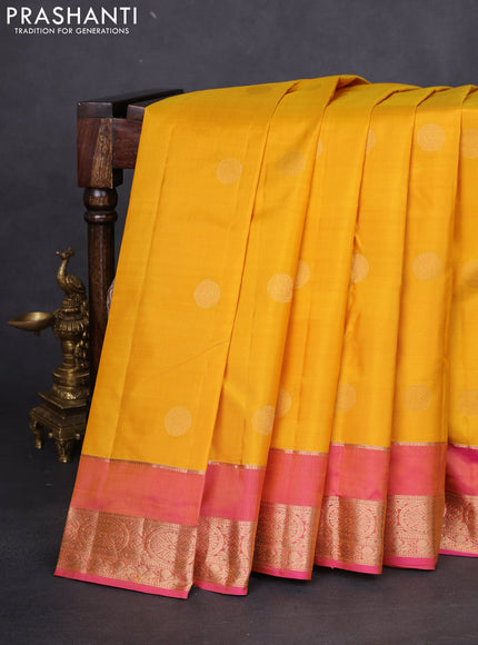 Pure kanchipuram silk saree yellow and pink with zari woven buttas and rettapet zari woven border