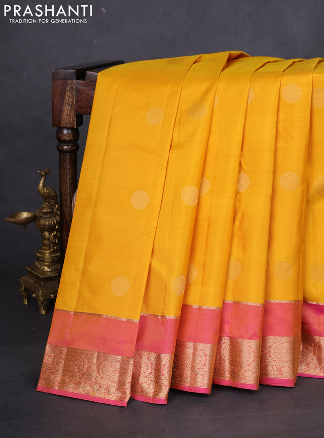 Pure kanchipuram silk saree yellow and pink with zari woven buttas and rettapet zari woven border