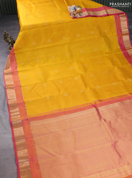 Pure kanchipuram silk saree yellow and pink with zari woven buttas and rettapet zari woven border