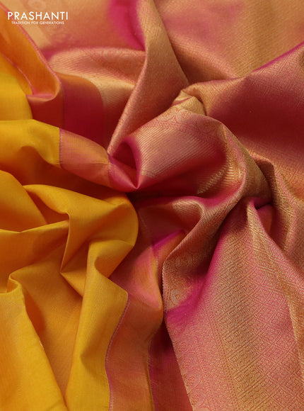 Pure kanchipuram silk saree yellow and pink with zari woven buttas and rettapet zari woven border