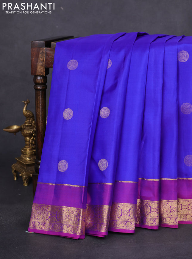 Pure kanchipuram silk saree blue and purple with zari woven buttas and rettapet zari woven border